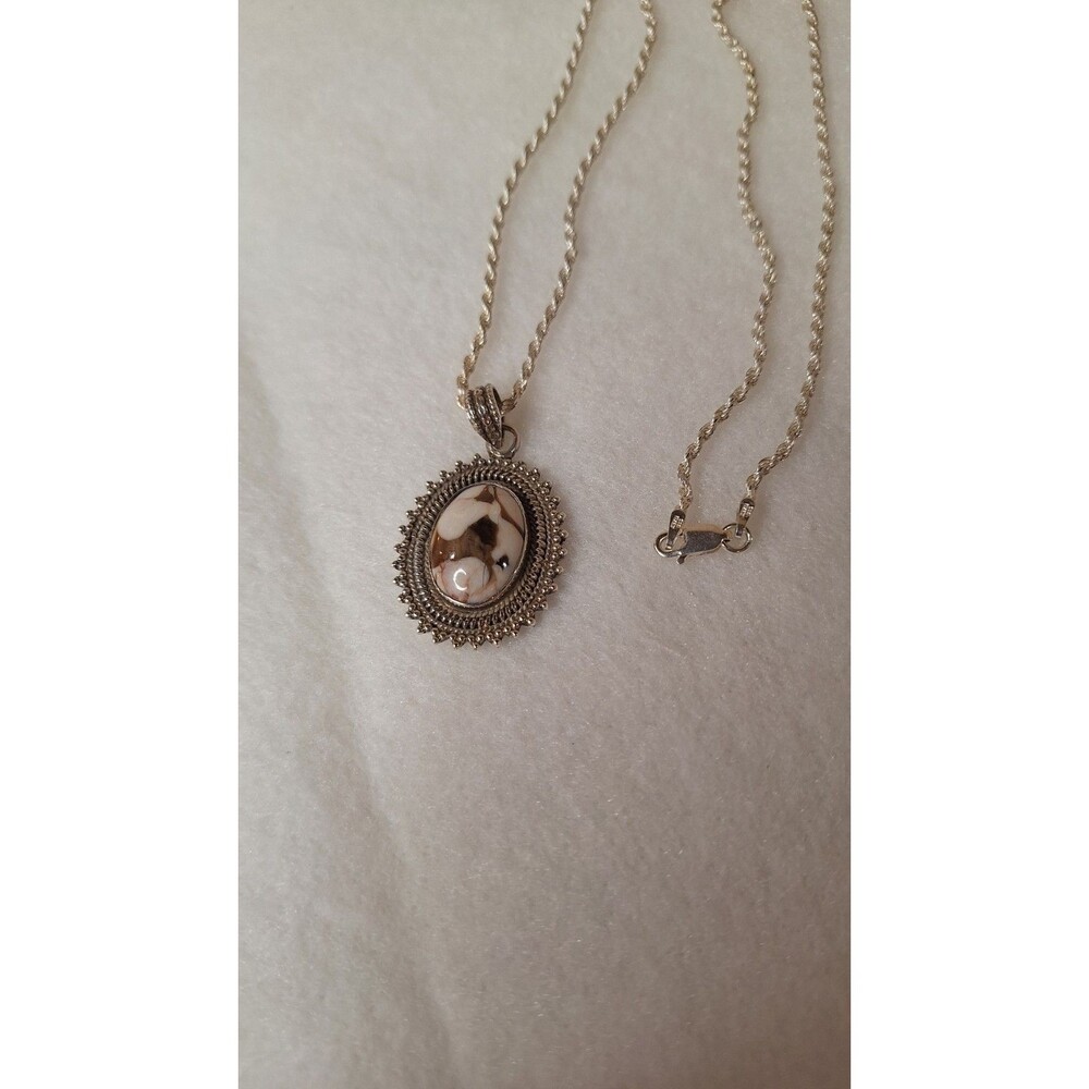 Peanut Wood Jasper Stone & 925 Pendant With Sterling Silver Rope Chain 18" - Picture 2 of 6